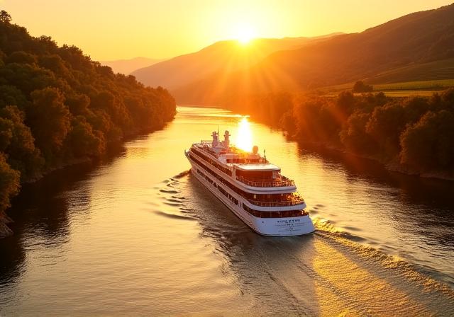 Vista panorámica de un crucero fluvial en Europa al atardecer