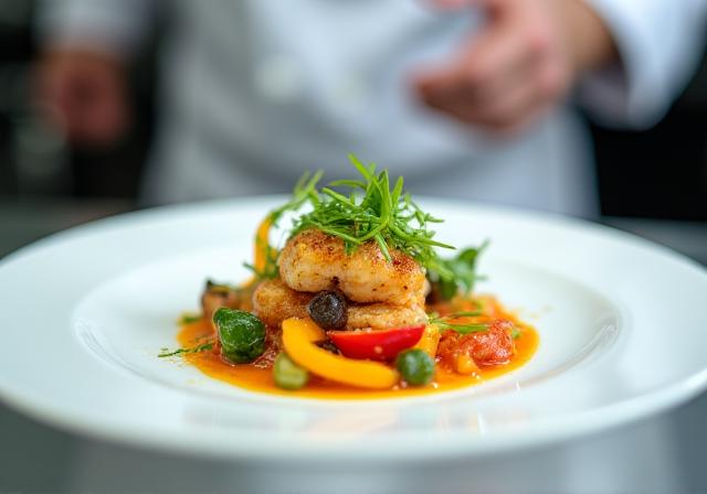 Chef preparando un plato gourmet en la cocina de un barco de lujo