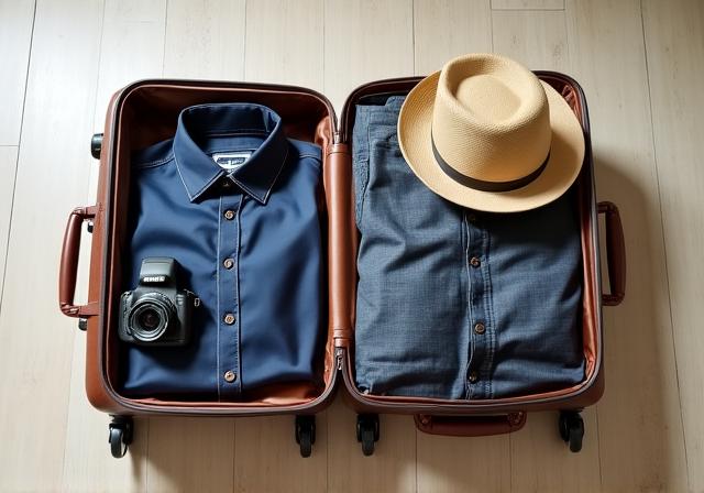 Maleta organizada con ropa elegante y accesorios de viaje