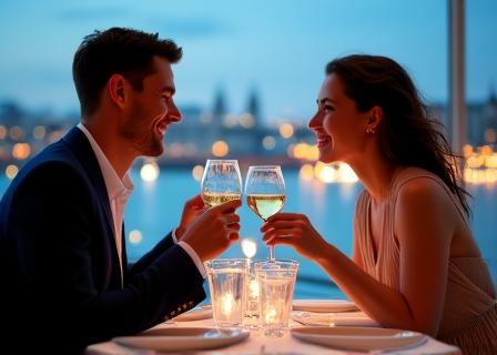 Pareja disfrutando de una cena elegante en el restaurante panoramico de un barco