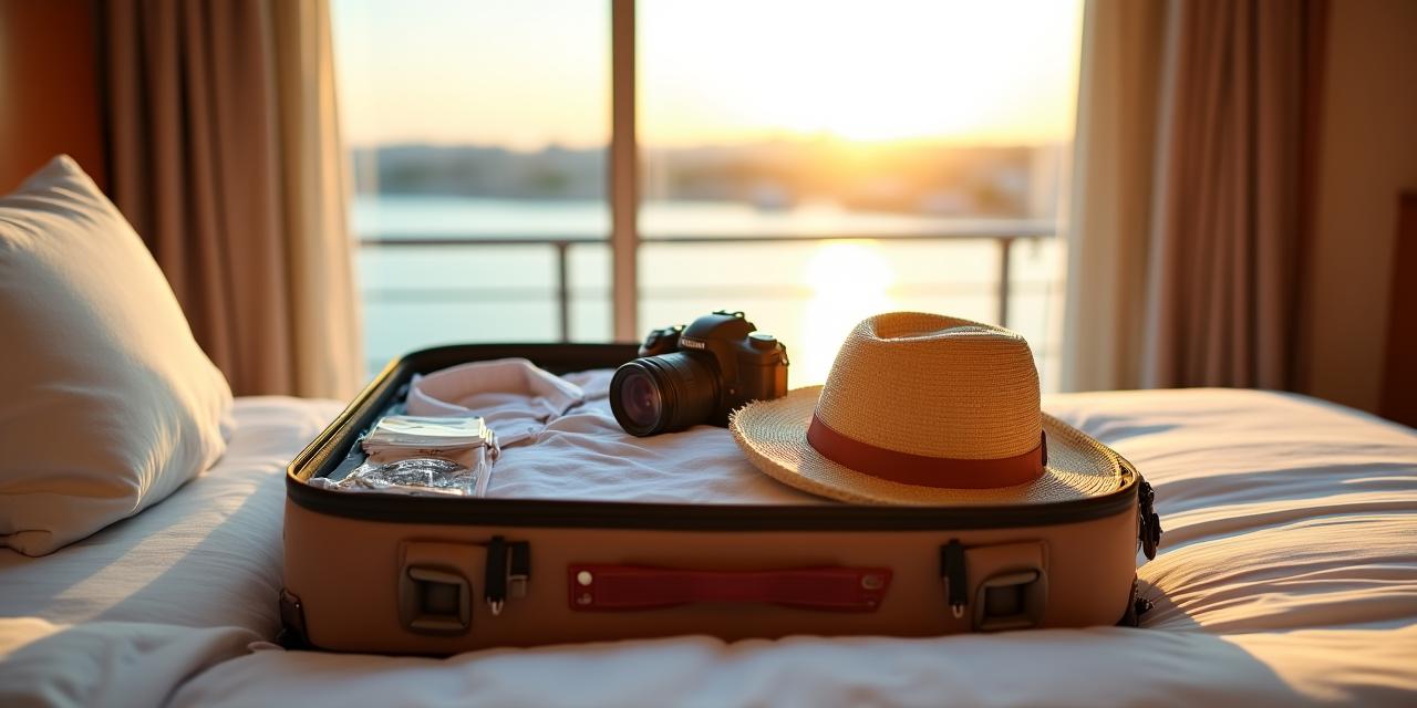 Maleta abierta con ropa ligera y cámara fotográfica en una cabina de crucero con vista al río