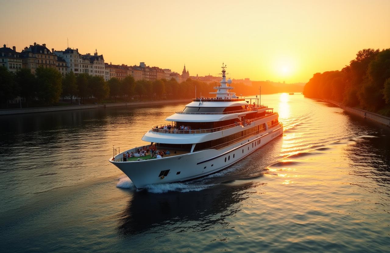 Crucero de lujo navegando por un río europeo al atardecer