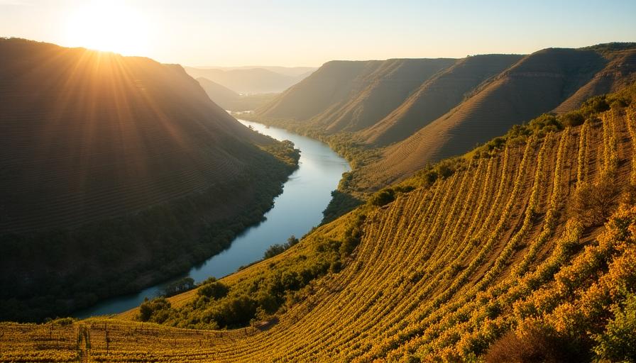 Paisaje de terrazas de viñedos en el valle del río Duero en Portugal