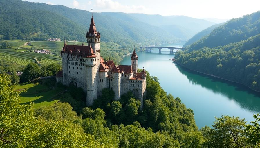 Castillo medieval a orillas del río Rin rodeado de viñedos