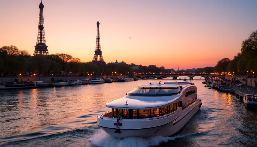 Crucero fluvial navegando por el Sena con la Torre Eiffel de fondo